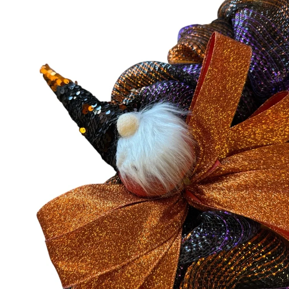 Halloween Mesh Wreath with Gnomes – Purple, Orange & Black Ribbon – 22″